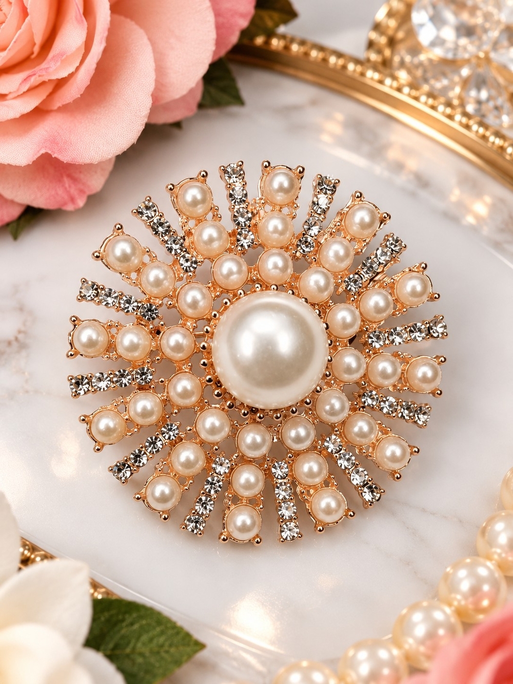 Pearl & Rhinestone Sunburst Statement Brooch